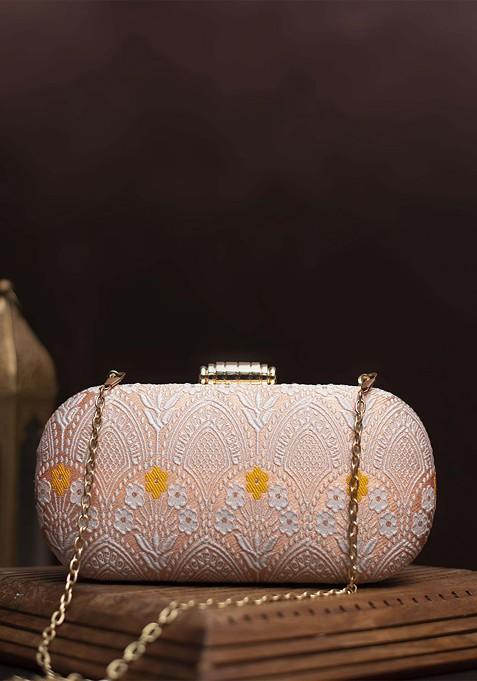 Orange Satin Embroidered Box Clutch