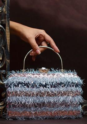 Blue Satin Embroidered Box Clutch