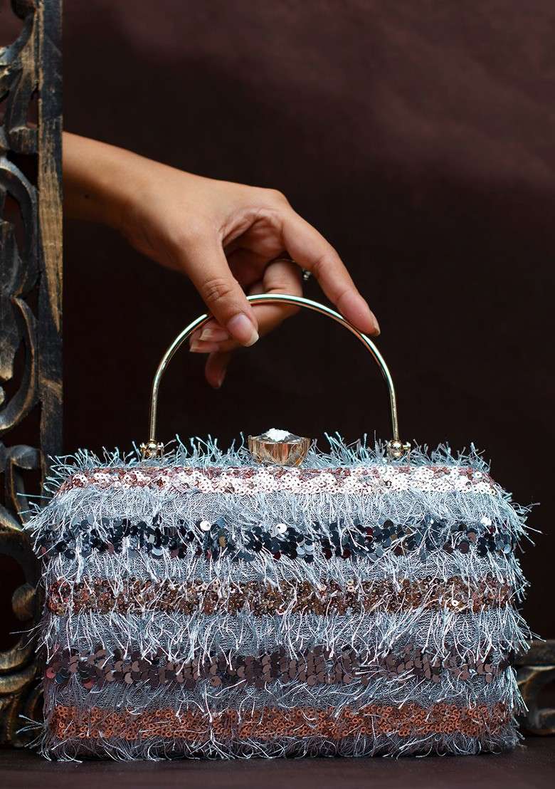 Blue Satin Embroidered Box Clutch - Indya