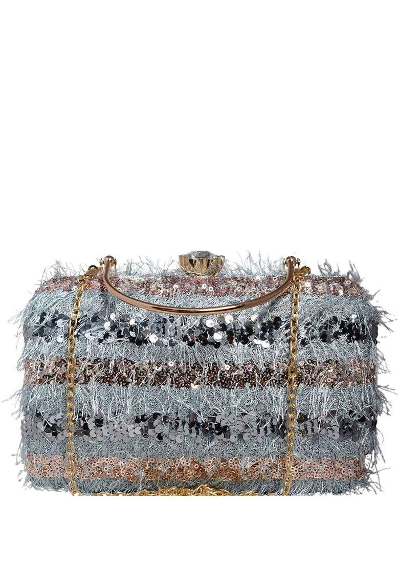 Blue Satin Embroidered Box Clutch - Indya