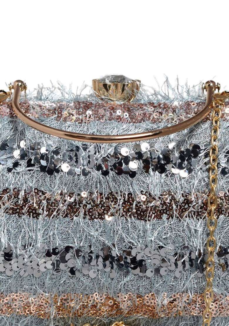 Blue Satin Embroidered Box Clutch - Indya