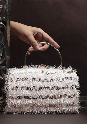 White Satin Embellished Box Clutch