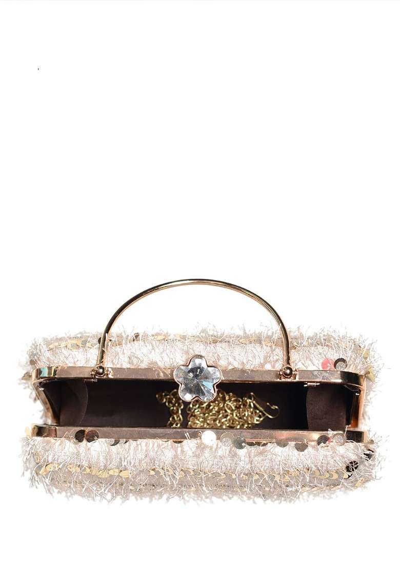 White Satin Embellished Box Clutch - Indya