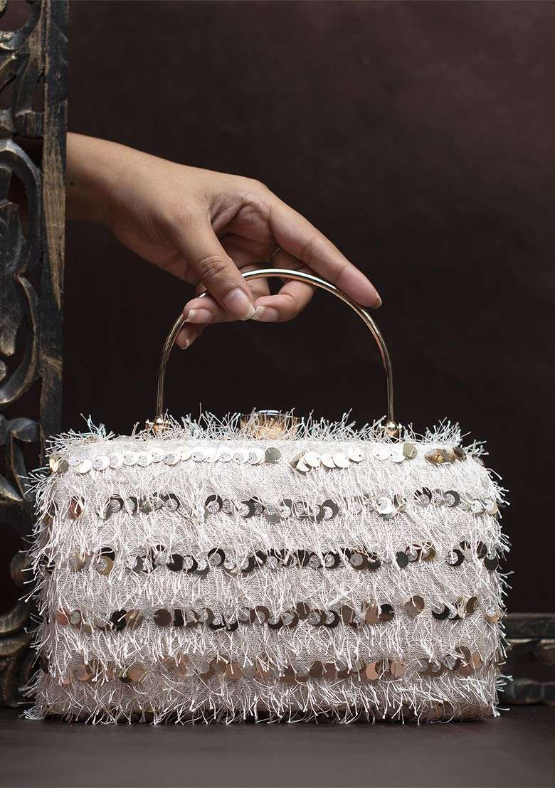 White Satin Embellished Box Clutch - Indya