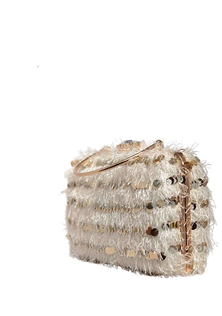White Satin Embellished Box Clutch - Indya