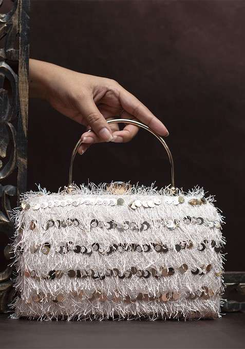 White Satin Embellished Box Clutch