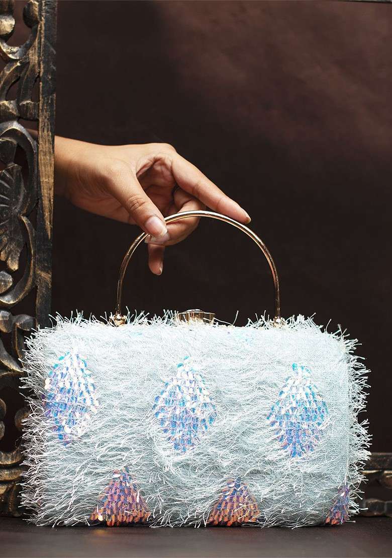 Blue Satin Embellished Box Clutch - Indya