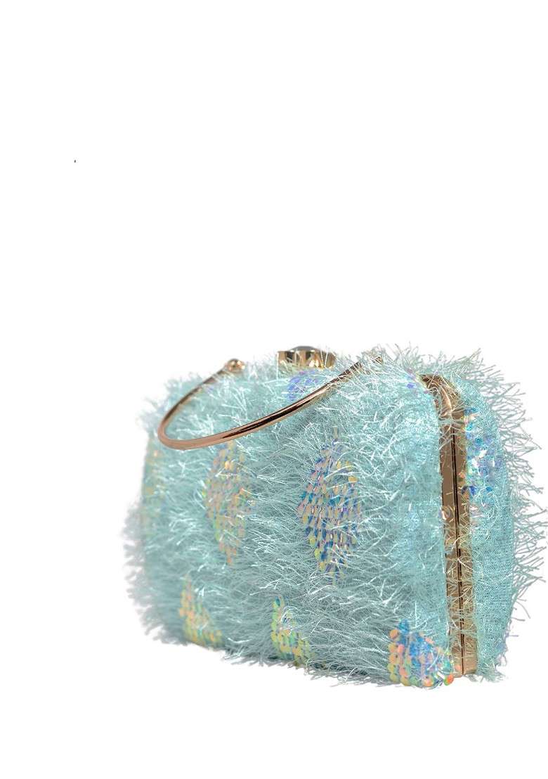 Blue Satin Embellished Box Clutch - Indya