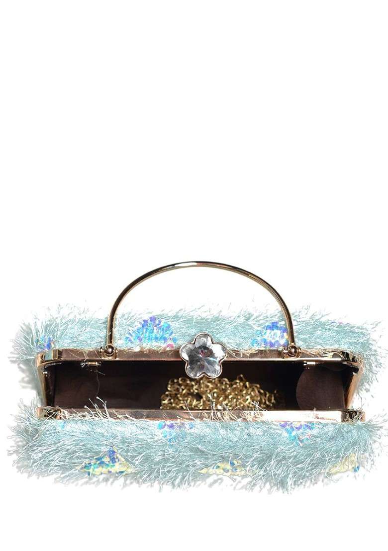 Blue Satin Embellished Box Clutch - Indya
