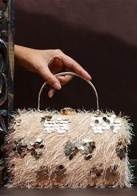 Beige Satin Embellished Box Clutch