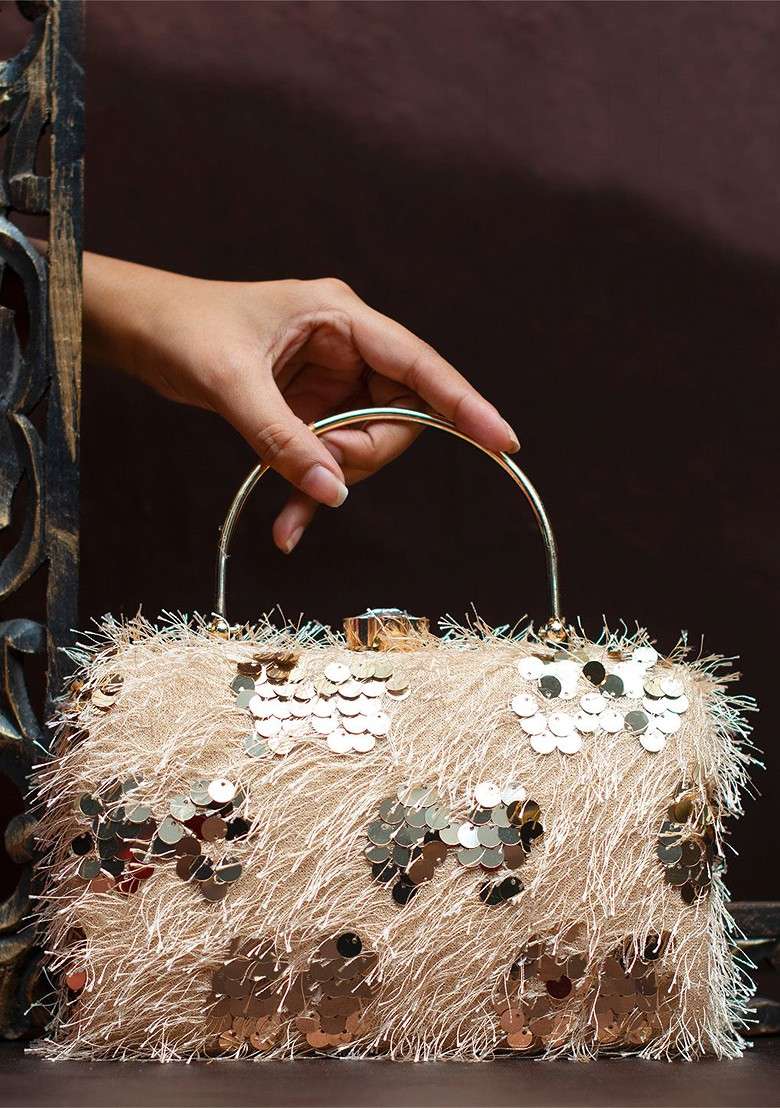 Beige Satin Embellished Box Clutch - Indya