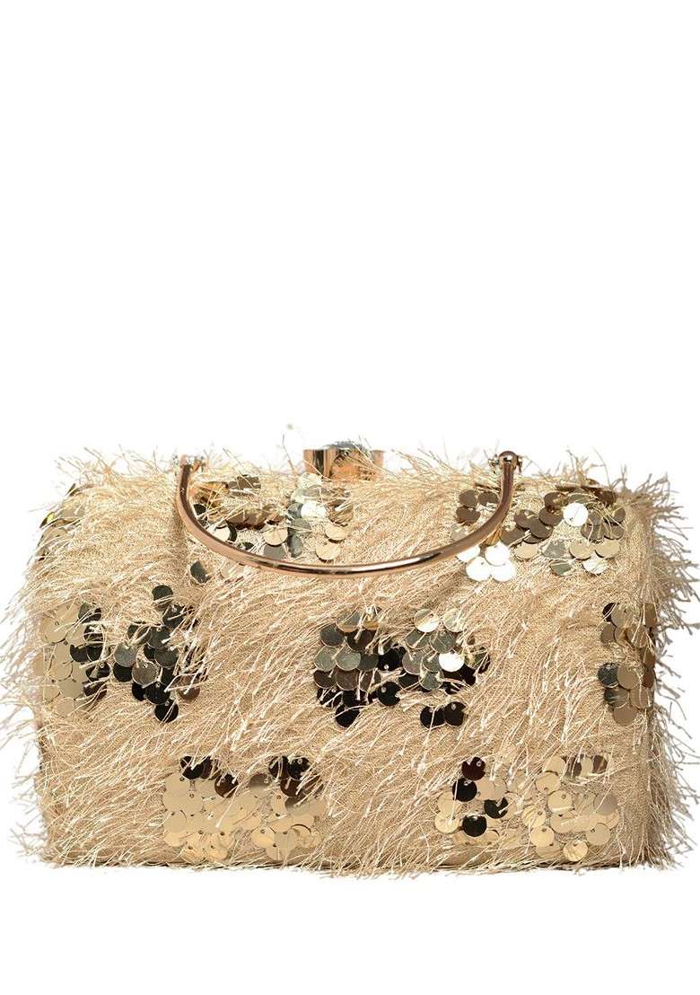 Beige Satin Embellished Box Clutch - Indya