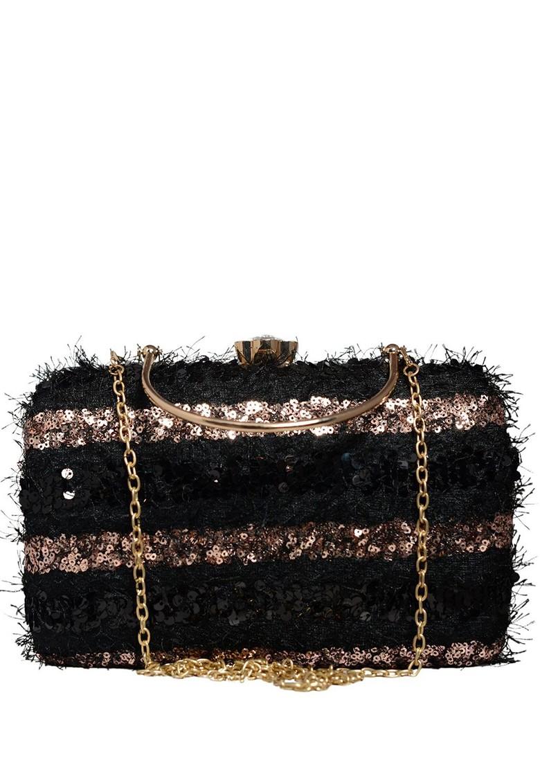 Black Satin Embroidered Box Clutch - Indya