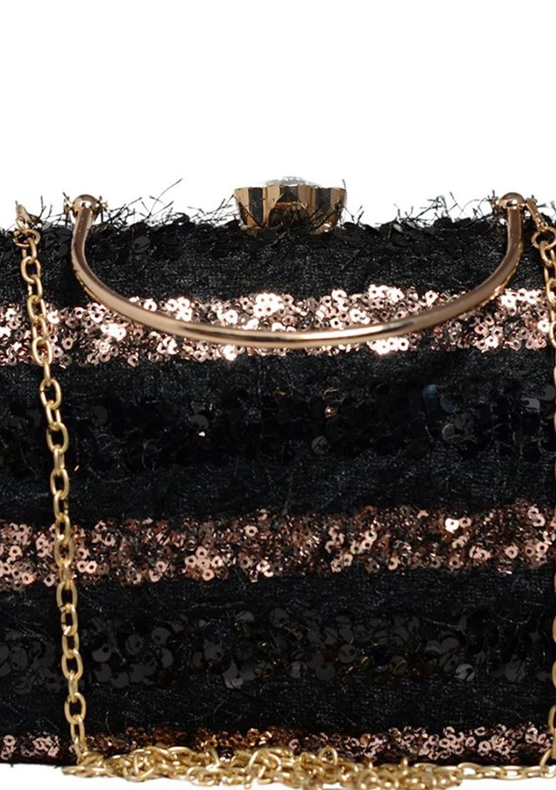Black Satin Embroidered Box Clutch - Indya
