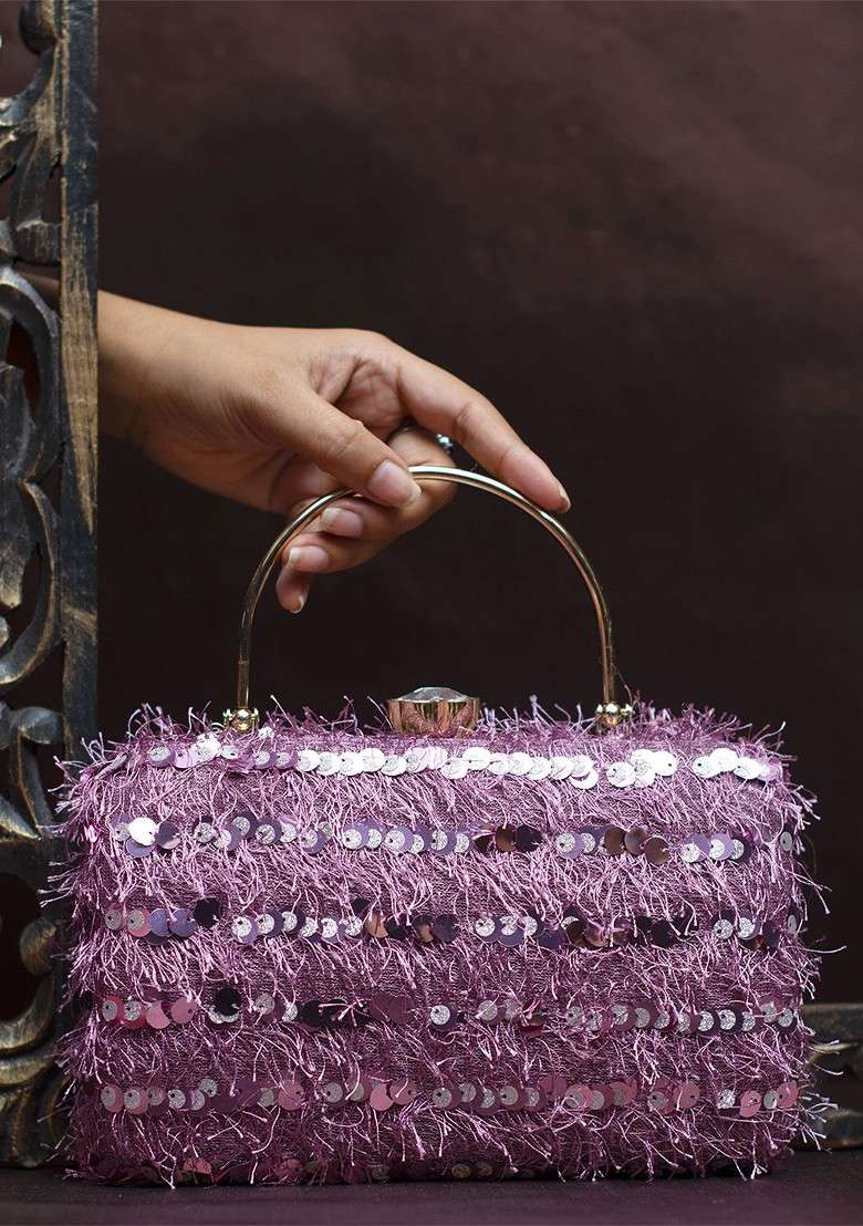 Lavender Satin Embellished Box Clutch - Indya