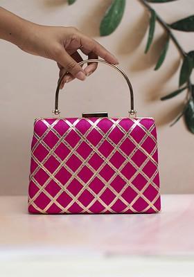 Magenta Satin Embroidered Gota Patti Box Clutch