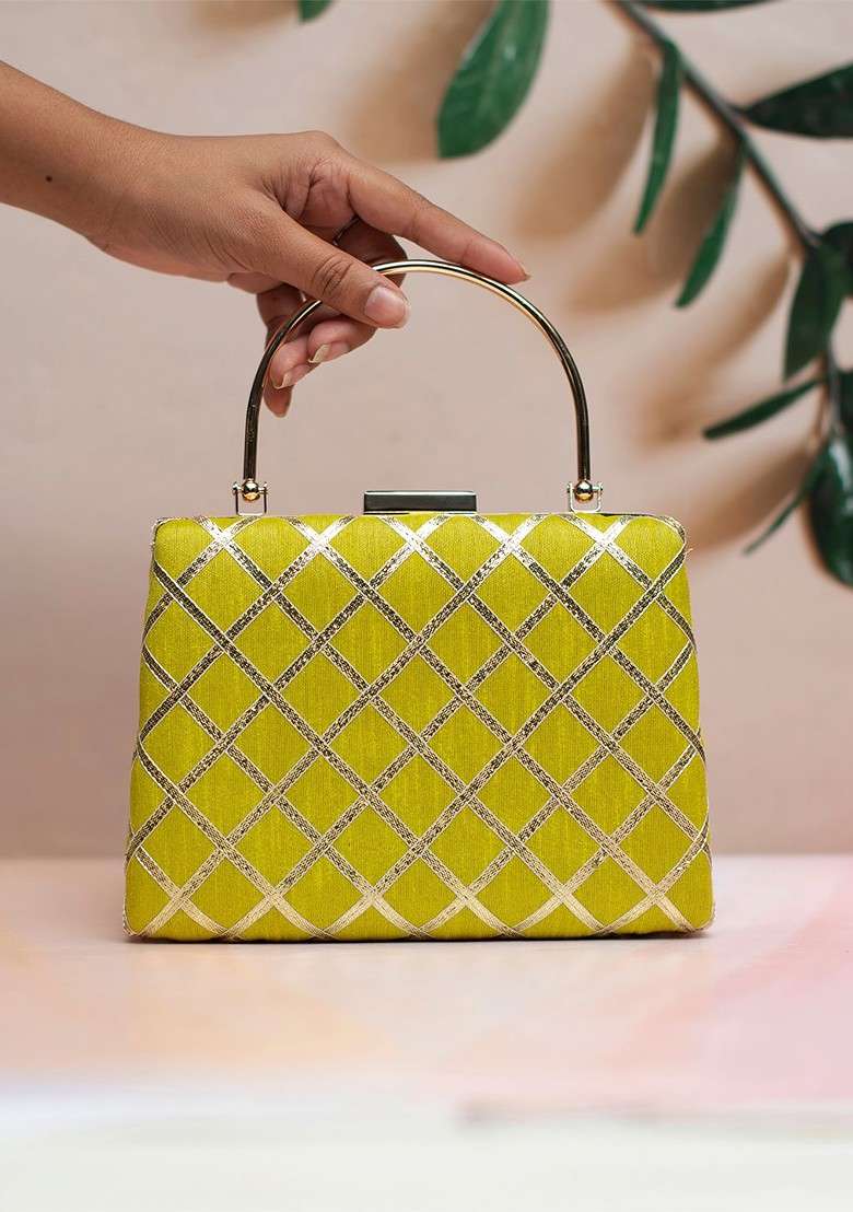 Lime Green Satin Embellished Box Clutch - Indya