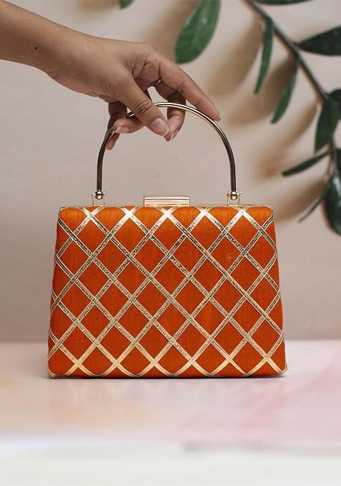 Orange Satin Embroidered Gota Patti Box Clutch