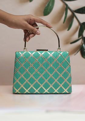 Turquoise Blue Satin Embellished Gota Patti Fabric Party Box Clutch