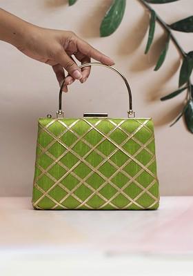 Green Satin Embroidered Gota Patti Box Clutch