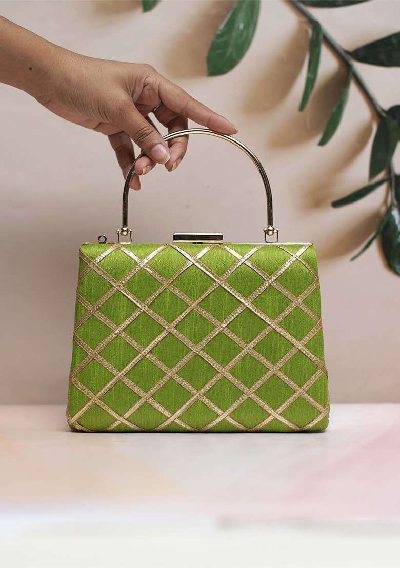Green Satin Embroidered Gota Patti Box Clutch - Indya
