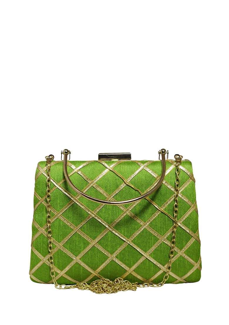 Green Satin Embroidered Gota Patti Box Clutch - Indya