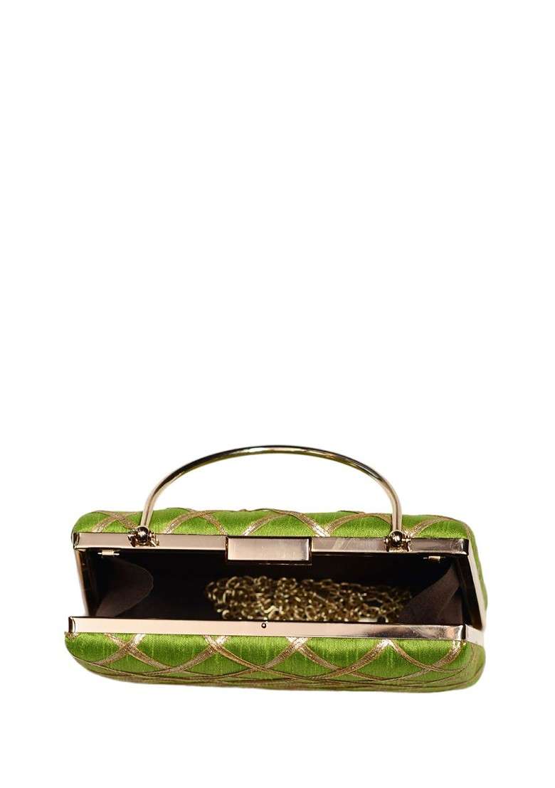 Green Satin Embroidered Gota Patti Box Clutch - Indya
