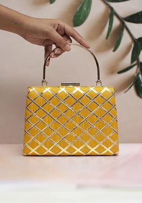 Mustard Satin Embroidered Gota Patti Box Clutch