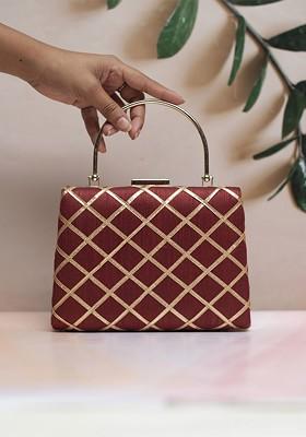Maroon Satin Embroidered Gota Patti Box Clutch