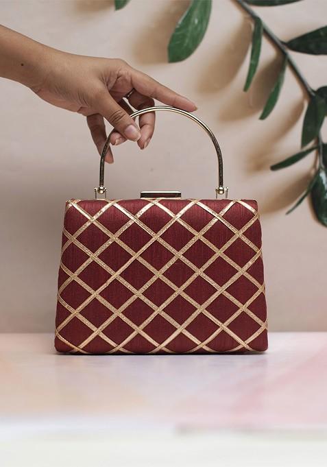Maroon Satin Embroidered Gota Patti Box Clutch