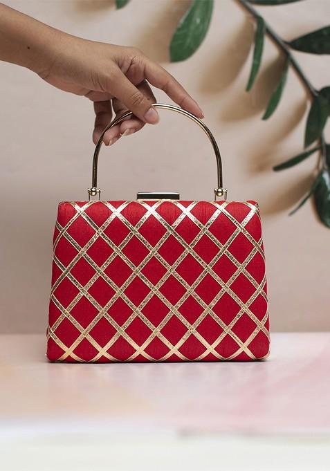 Red Satin Embroidered Gota Patti Box Clutch