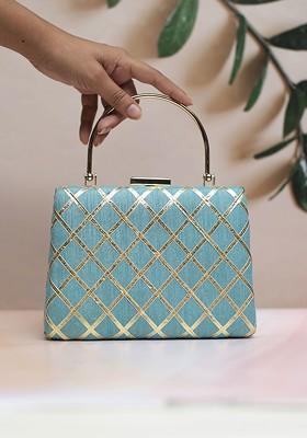 Blue Satin Embellished Gota Patti Fabric Party Box Clutch