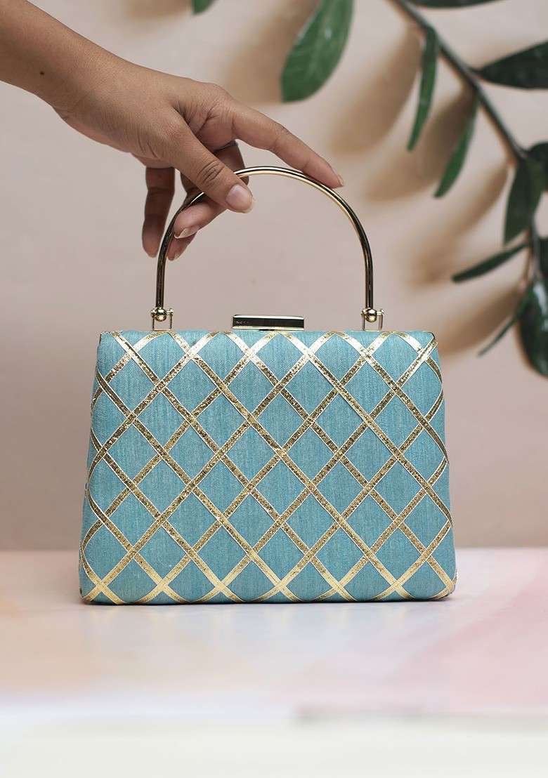 Blue Satin Embellished Gota Patti Fabric Party Box Clutch - Indya