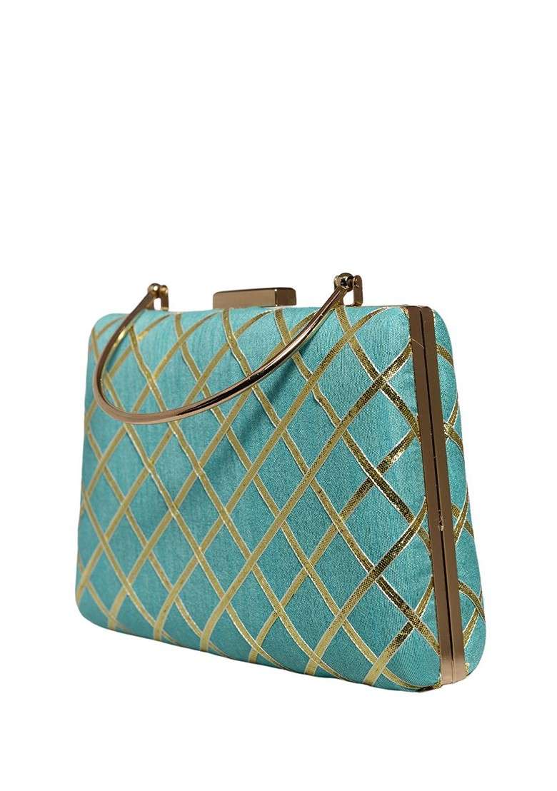 Blue Satin Embellished Gota Patti Fabric Party Box Clutch - Indya