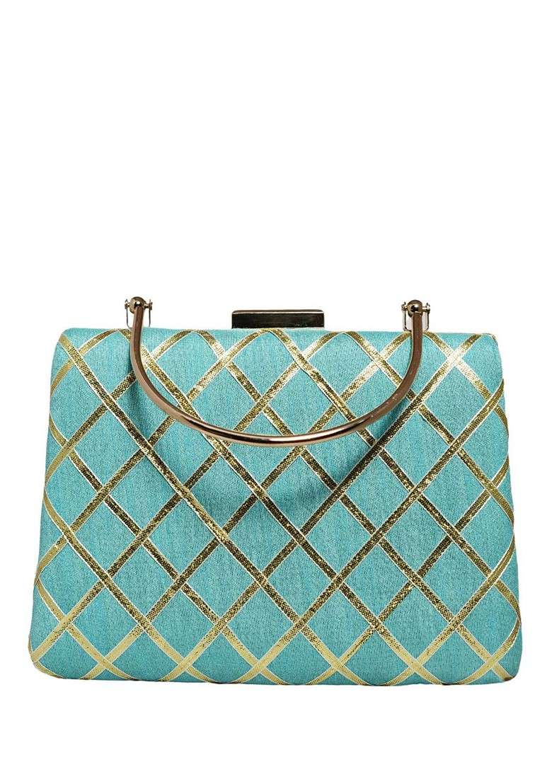 Blue Satin Embellished Gota Patti Fabric Party Box Clutch - Indya