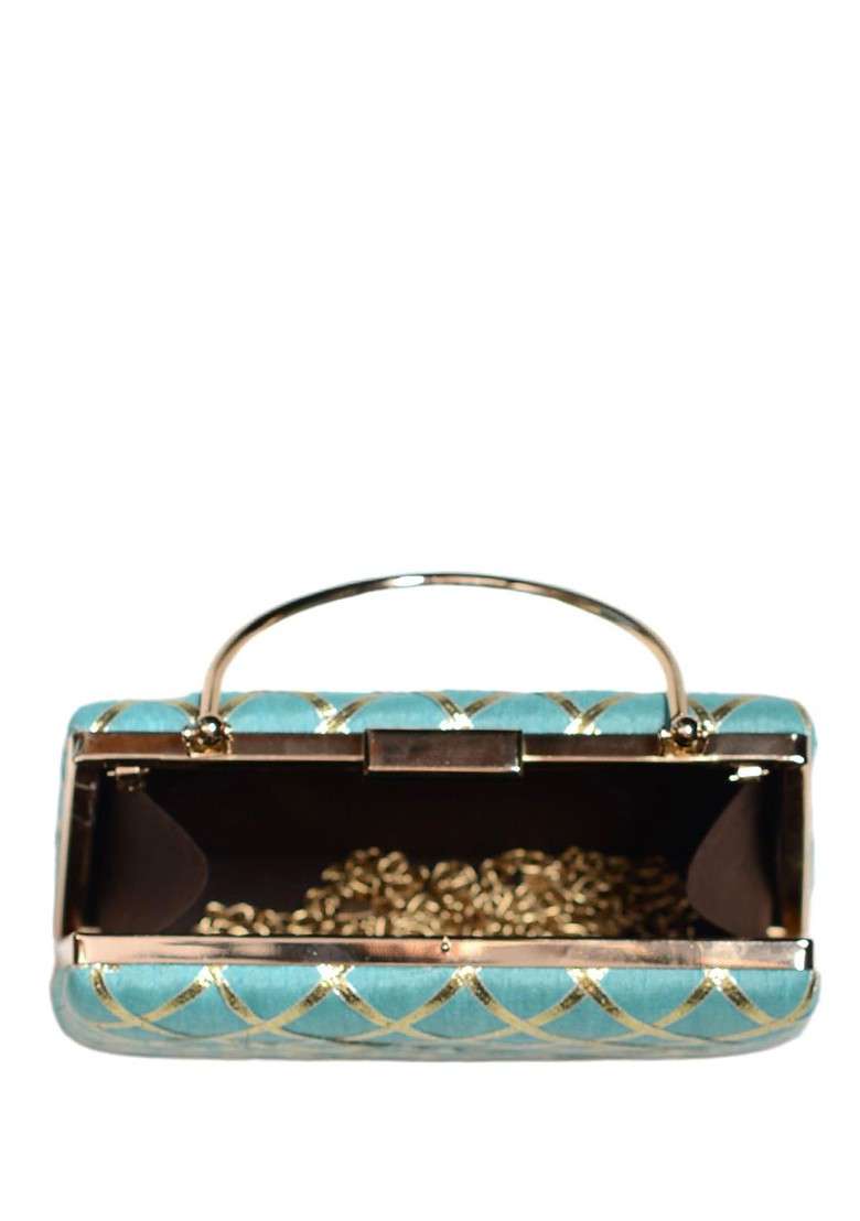 Blue Satin Embellished Gota Patti Fabric Party Box Clutch - Indya
