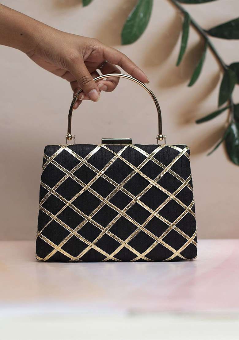 Black Satin Embroidered Gota Patti Box Clutch - Indya