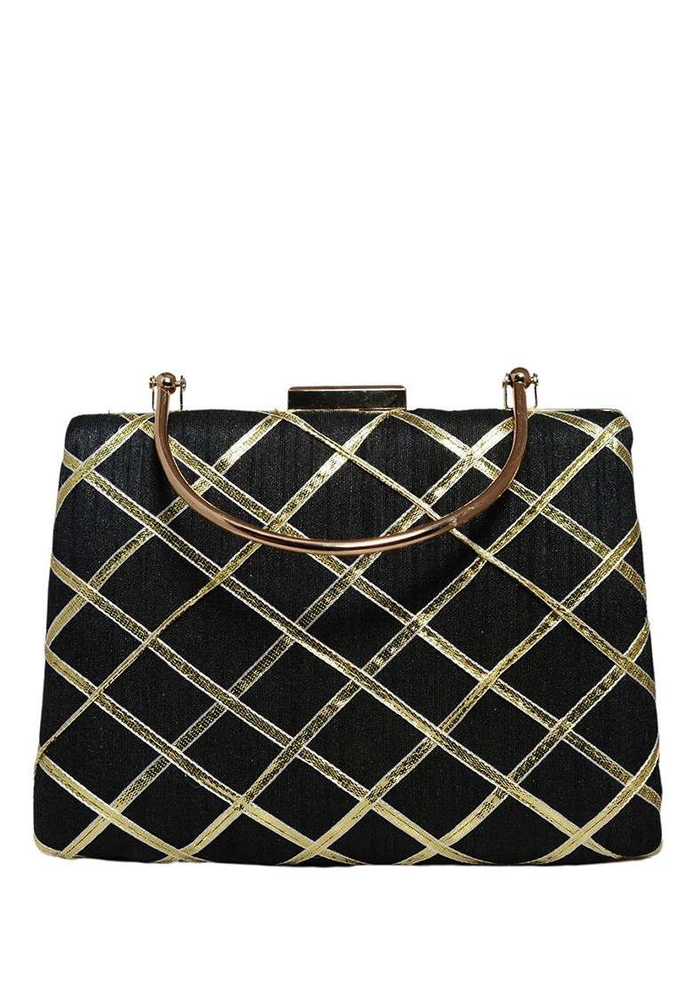 Black Satin Embroidered Gota Patti Box Clutch - Indya