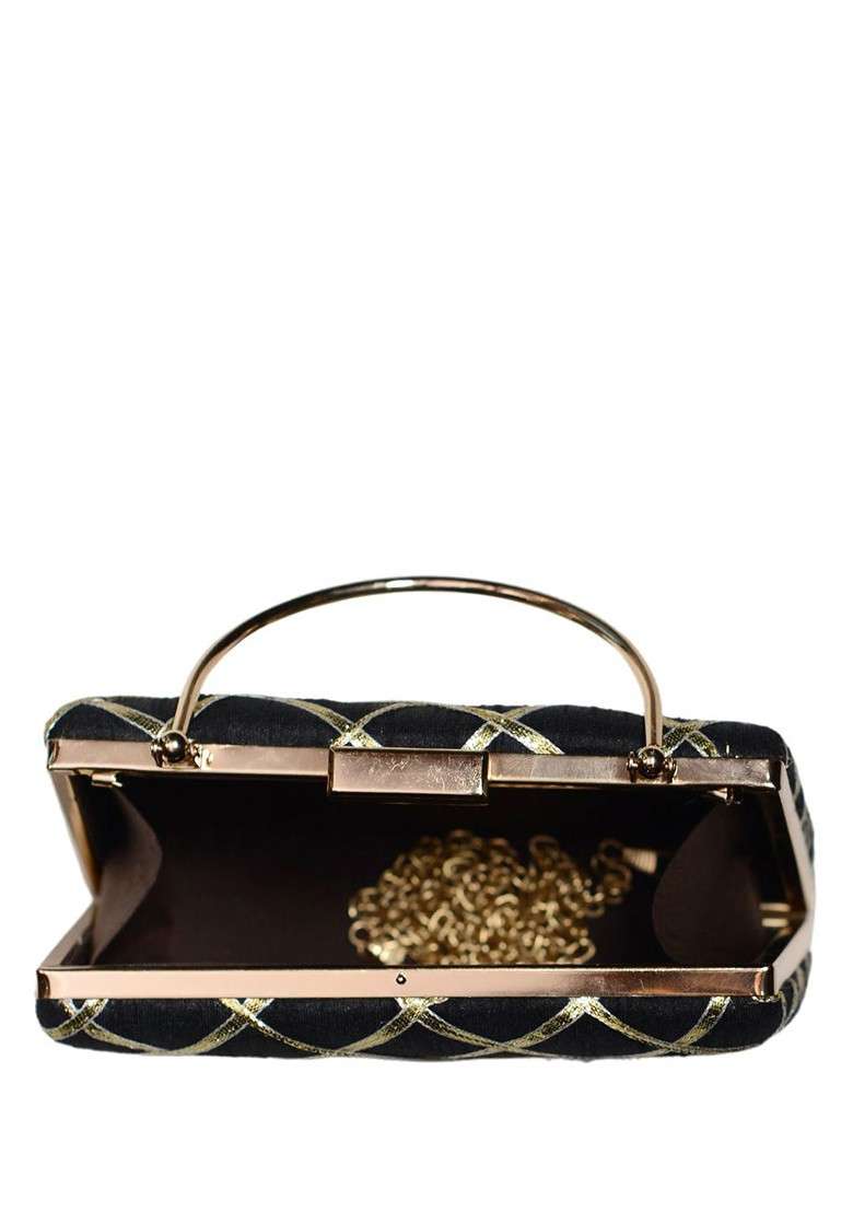 Black Satin Embroidered Gota Patti Box Clutch - Indya