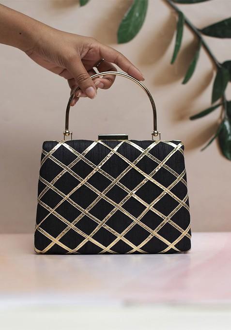Black Satin Embroidered Gota Patti Box Clutch