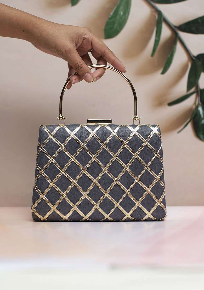 Grey Satin Embroidered Gota Patti Box Clutch - Indya