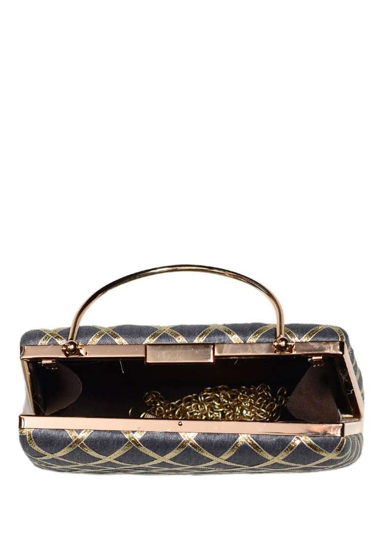 Grey Satin Embroidered Gota Patti Box Clutch - Indya