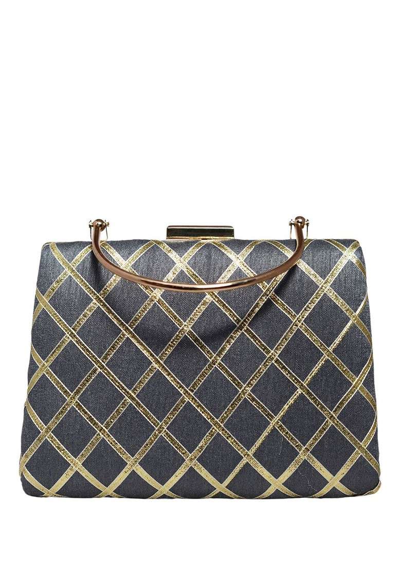 Grey Satin Embroidered Gota Patti Box Clutch - Indya