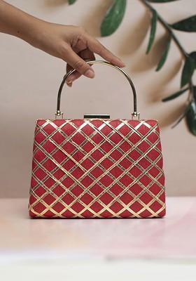 Red Satin Embellished Gota Patti Fabric Party Box Clutch