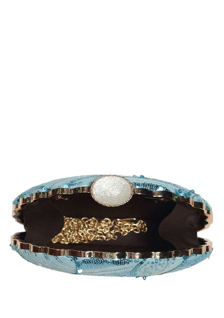 Blue Satin Embellished Box Clutch - Indya