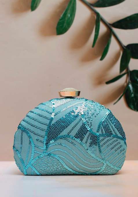 Blue Satin Embellished Box Clutch