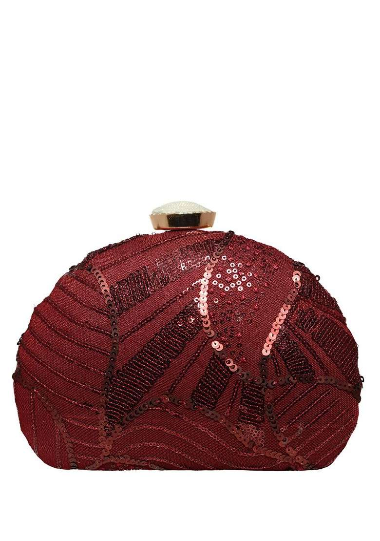 Burgundy Satin Embellished Sequinned Box Clutch With Shoulder Strap - Indya