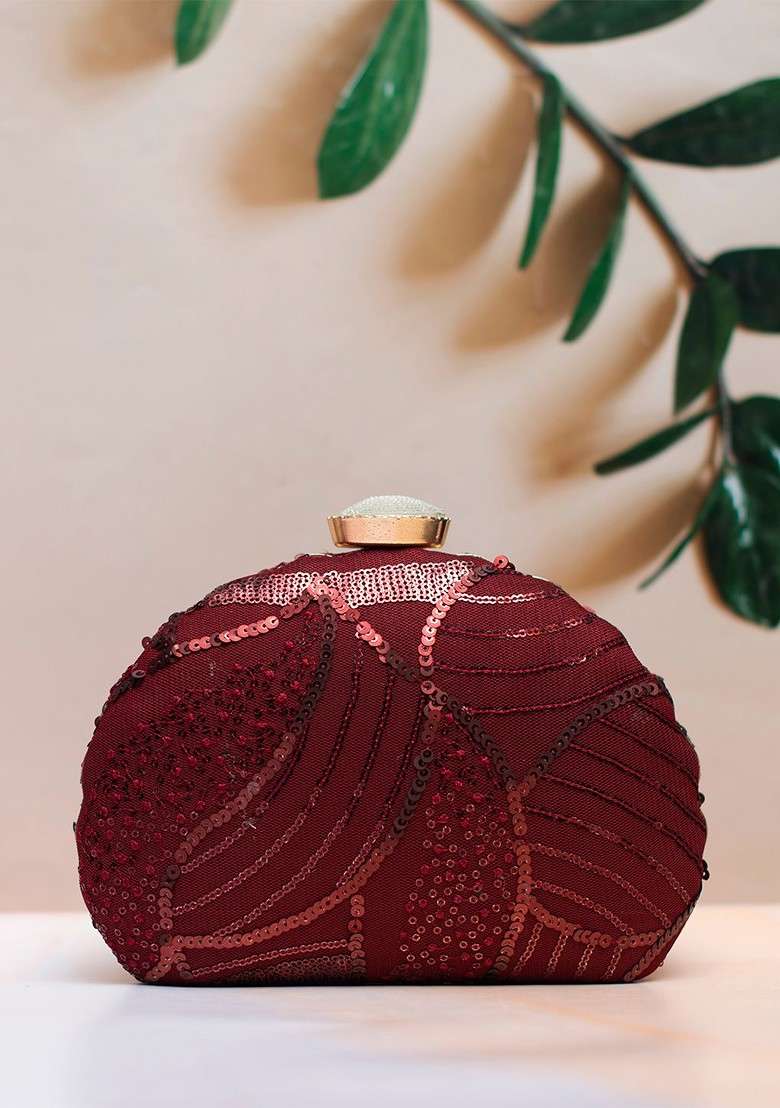 Burgundy Satin Embellished Sequinned Box Clutch With Shoulder Strap - Indya