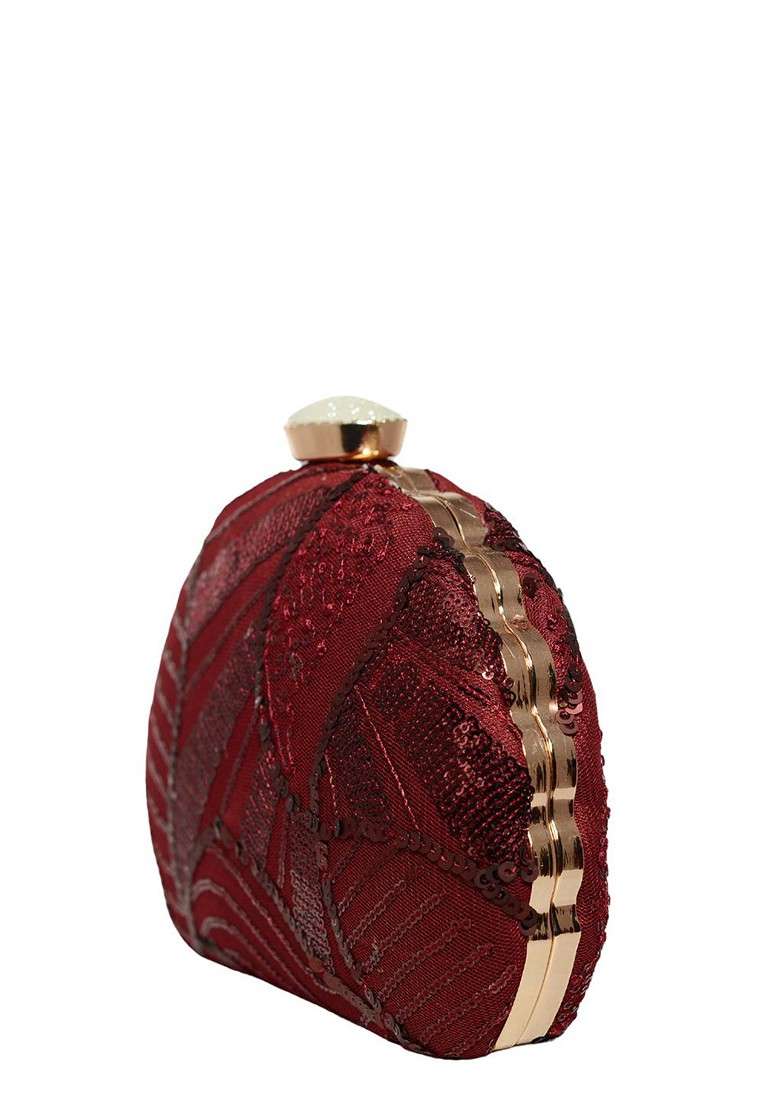 Burgundy Satin Embellished Sequinned Box Clutch With Shoulder Strap - Indya
