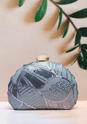 Grey Satin Embellished Box Clutch